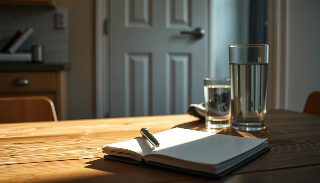 Sunlit kitchen table with notebook, pen, water glass and running shoes nearby